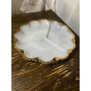 Anchor Hocking Divided Plate Dish Serving White Milk Glass Gold Trim 10”Dx1”T